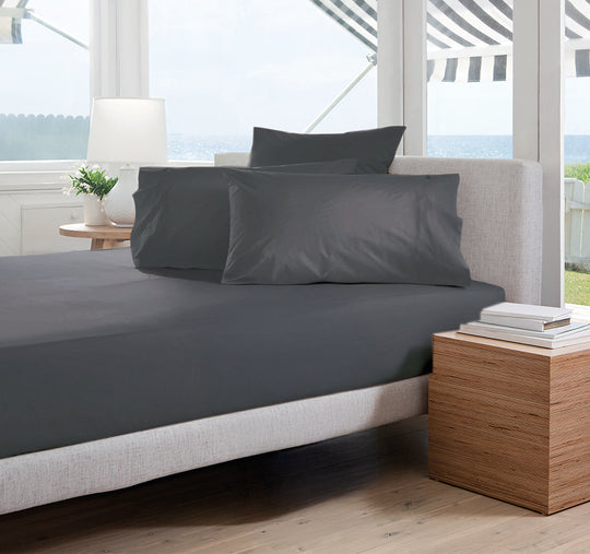 Oxford 300TC Crisp Cotton Percale Fitted Combo Set Range Charcoal Grey
