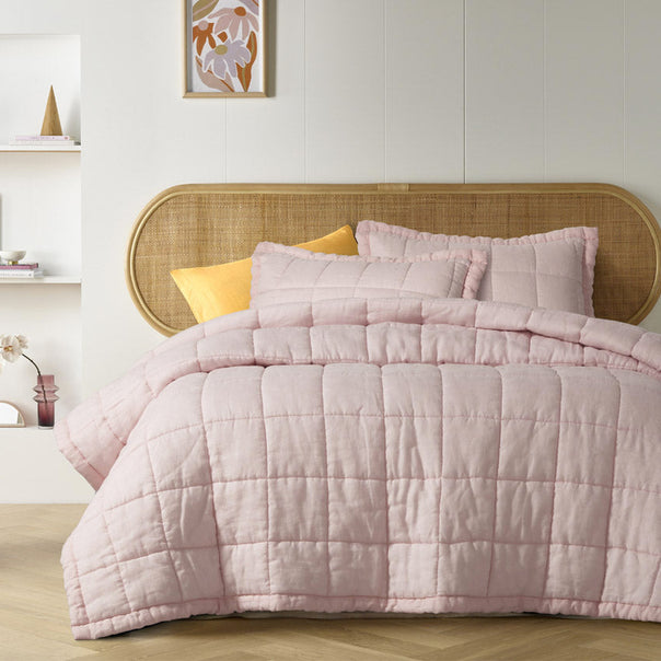 Stonewashed French Linen Coverlet Set Range Blush