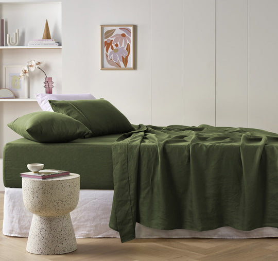 Stonewashed French Linen Mega Sheet Set Range Olive