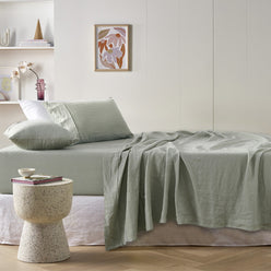 Stonewashed French Linen Mega Sheet Set Range Sage