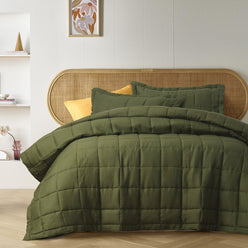 Stonewashed French Linen Coverlet Set Range Olive