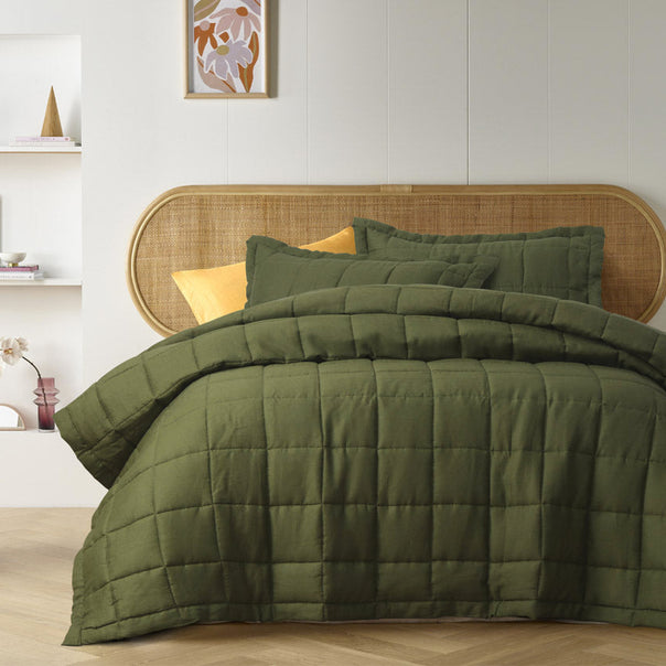 Stonewashed French Linen Coverlet Set Range Olive