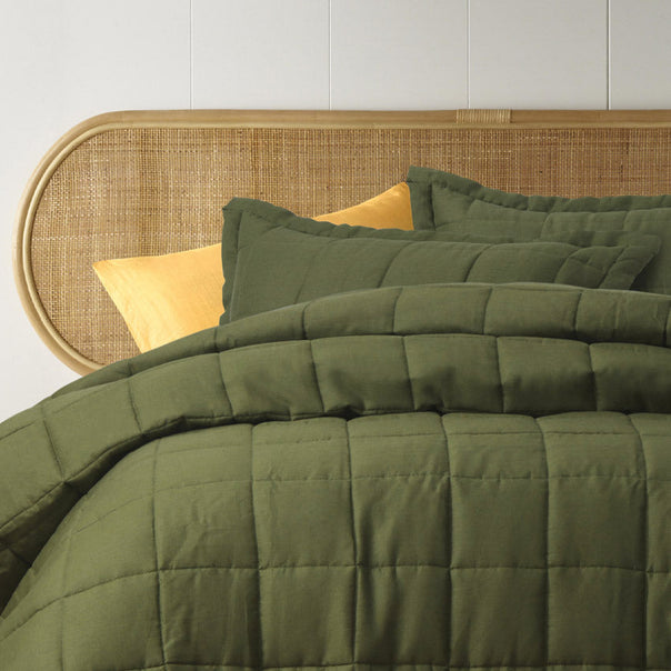 Stonewashed French Linen Coverlet Set Range Olive