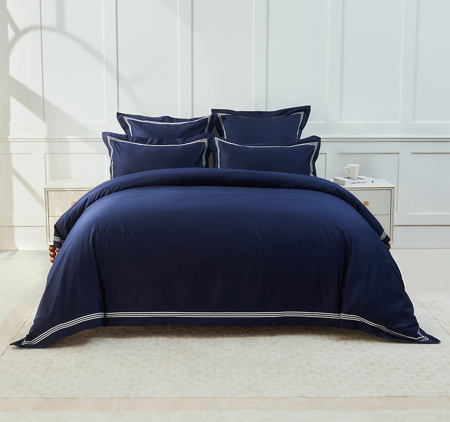 Signature 500TC Embroidered Egyptian Cotton Tailored European Pillowcase Midnight Navy and Pure White