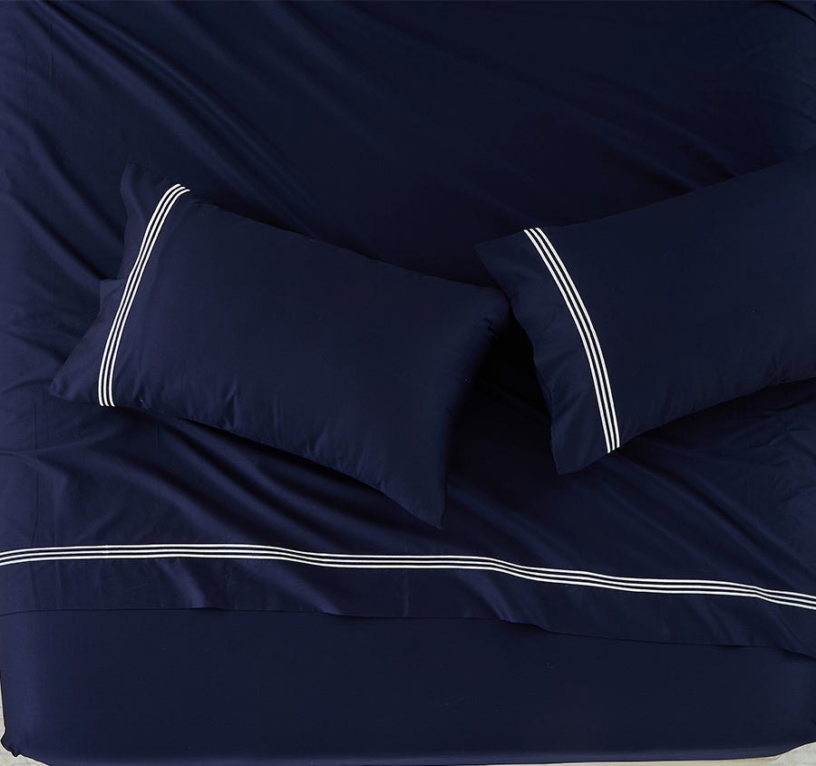 Signature 500TC Embroidered Egyptian Cotton Mega Sheet Set Range Midnight Navy and Pure White
