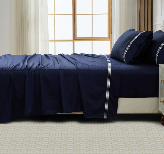 Signature 500TC Embroidered Egyptian Cotton Mega Sheet Set Range Midnight Navy and Pure White