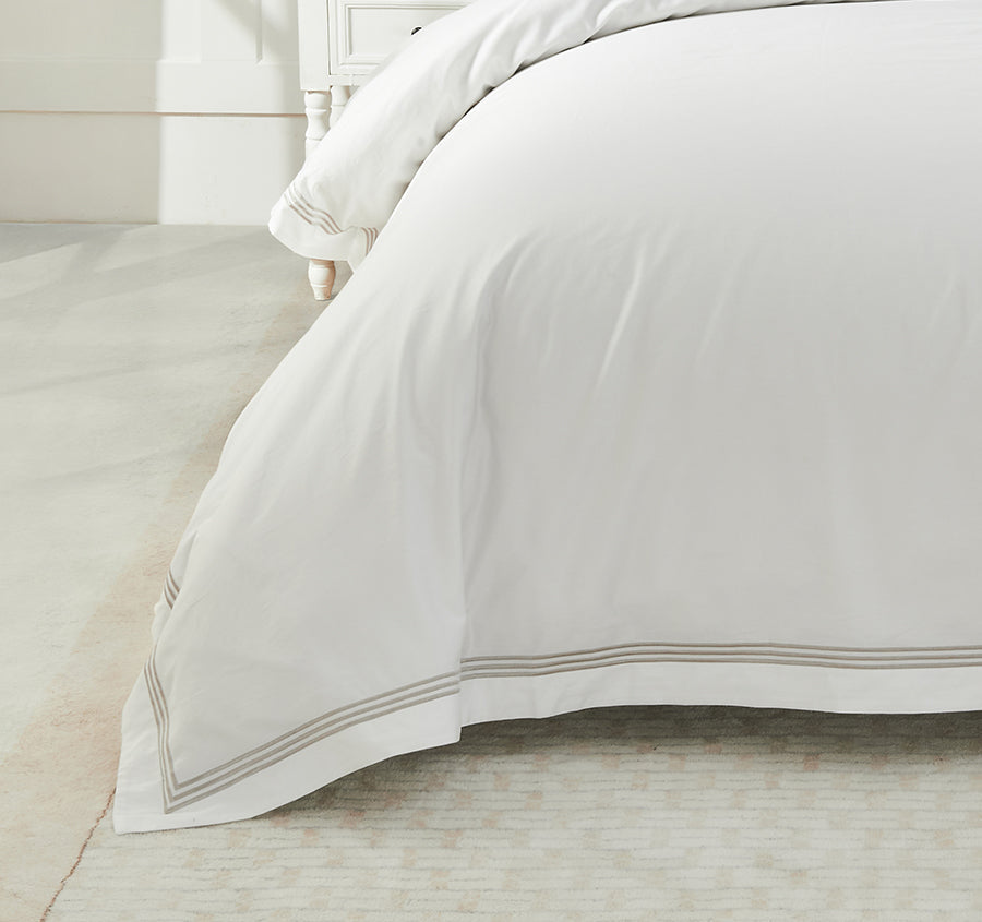 Signature 500TC Embroidered Egyptian Cotton Quilt Cover Set Range Pure White and Warm Taupe