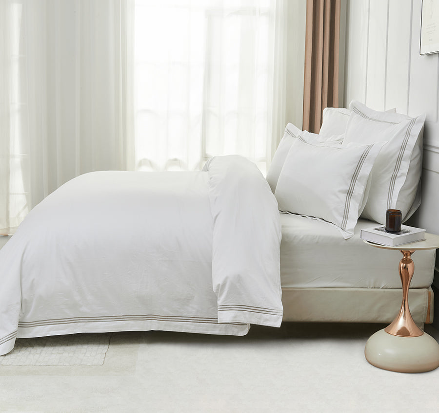 Signature 500TC Embroidered Egyptian Cotton Quilt Cover Set Range Pure White and Warm Taupe