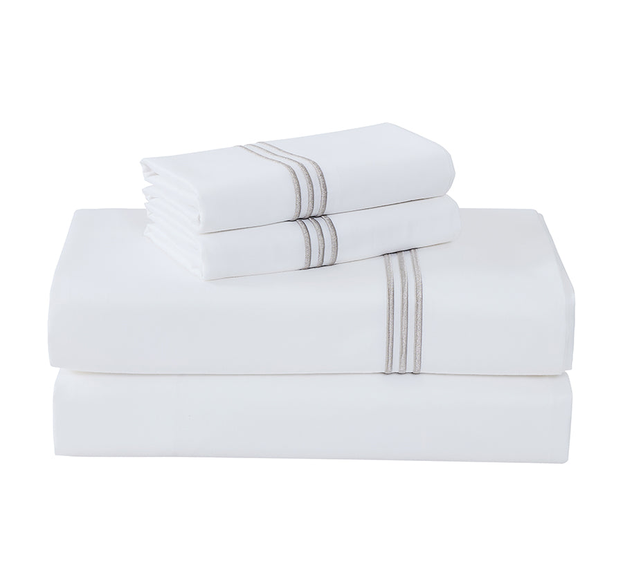Signature 500TC Embroidered Egyptian Cotton Mega Sheet Set Range Pure White and Warm Taupe