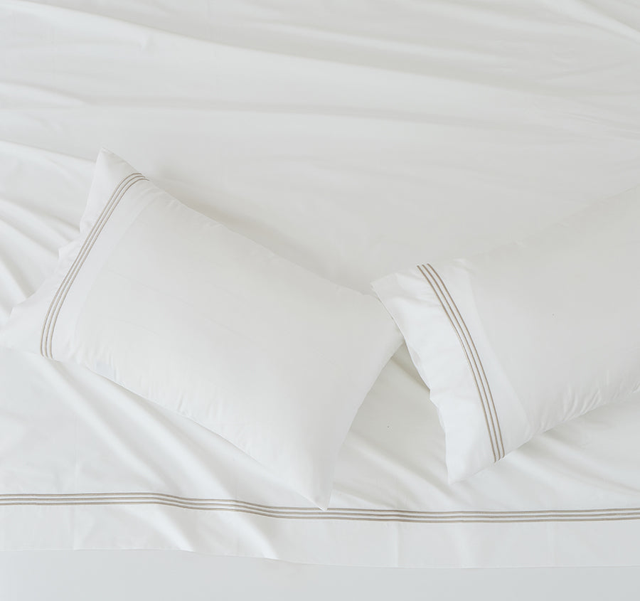 Signature 500TC Embroidered Egyptian Cotton Mega Sheet Set Range Pure White and Warm Taupe