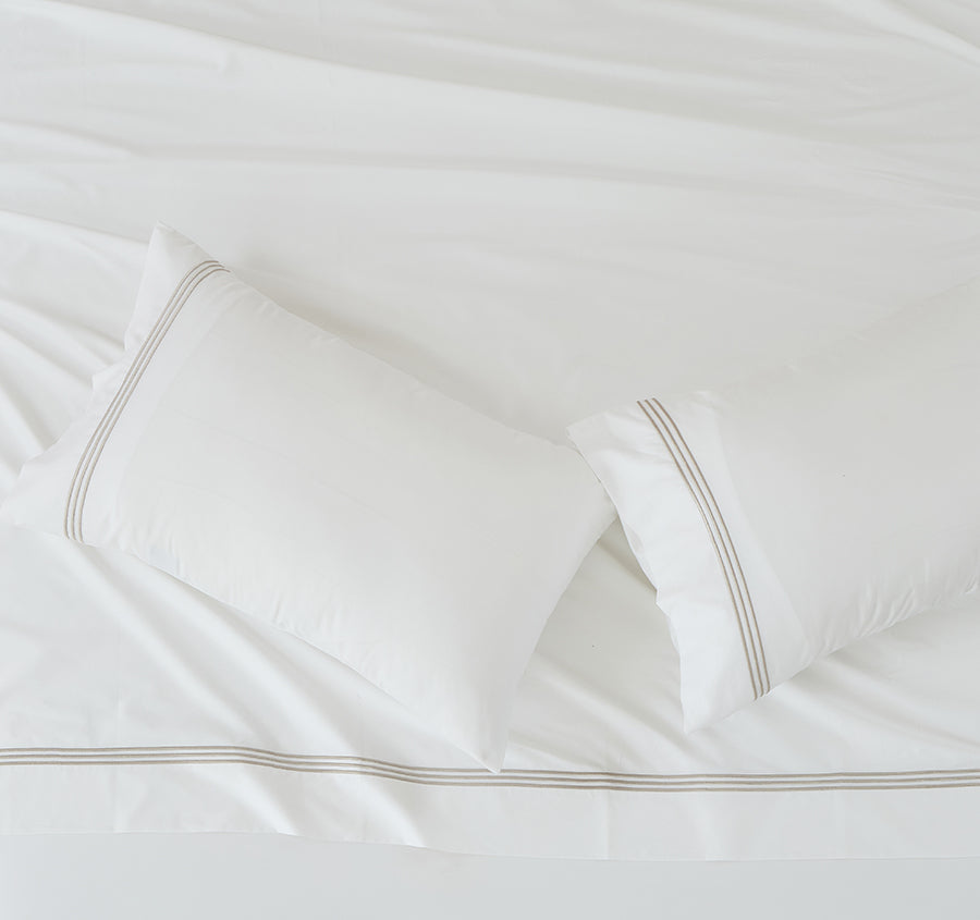 Signature 500TC Embroidered Egyptian Cotton Standard Pillowcase Pair Pure White and Warm Taupe