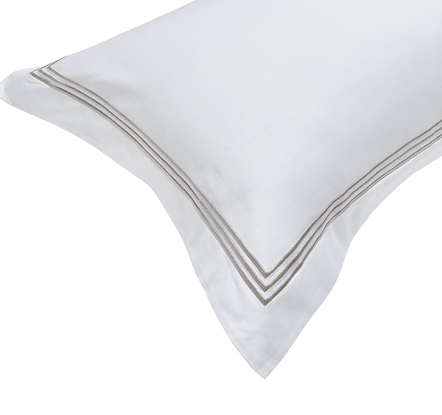 Signature 500TC Embroidered Egyptian Cotton Tailored Standard Pillowcase Pair Pure White and Warm Taupe