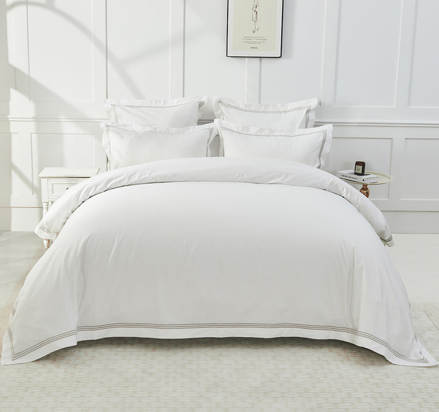 Signature 500TC Embroidered Egyptian Cotton Tailored Standard Pillowcase Pair Pure White and Warm Taupe